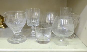 Glassware: to include a set of five brandy balloons, engraved with wild fowl