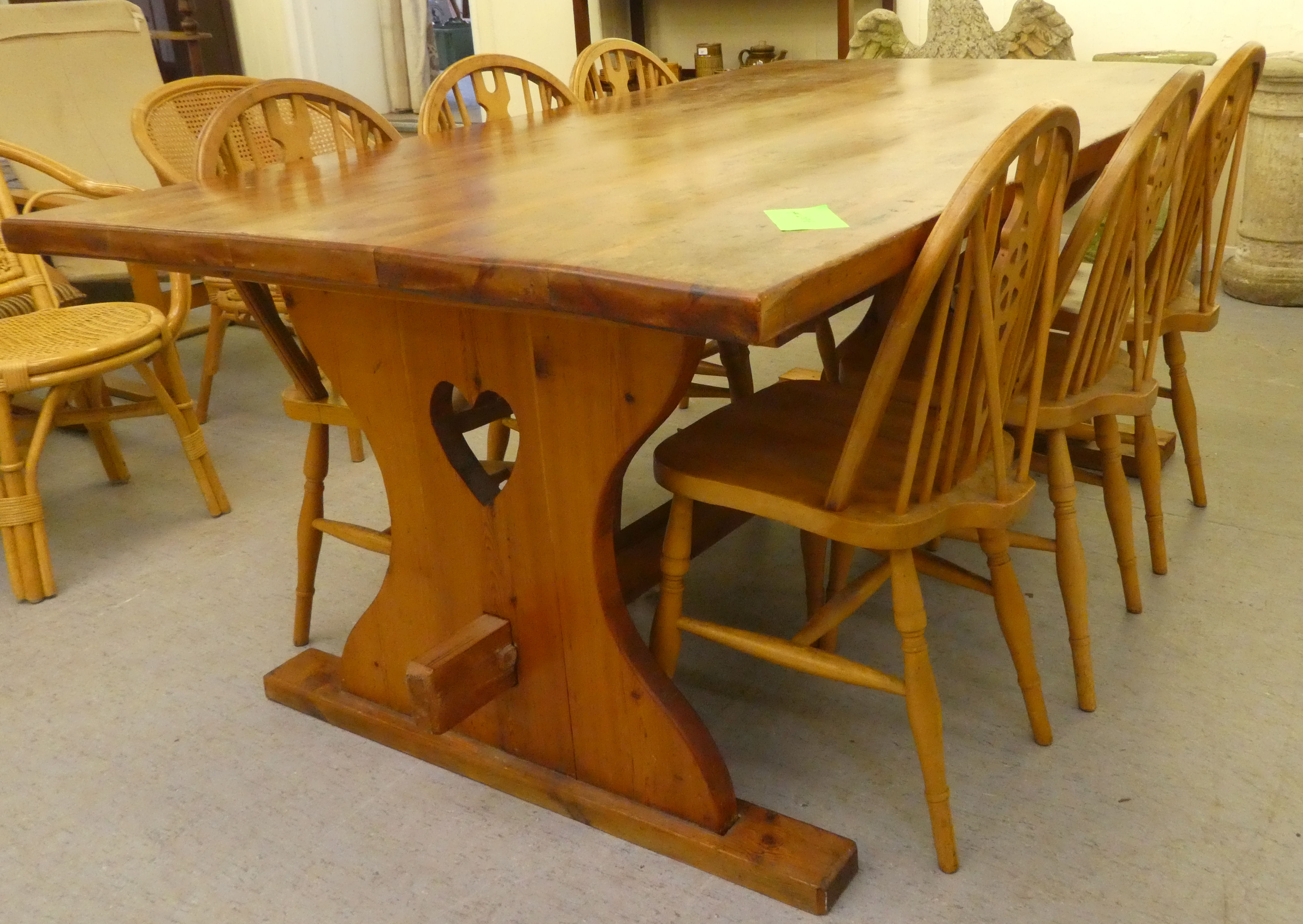 A modern pine refectory design kitchen table, raised on plank ends  30"h  64"L; and a matching set - Image 3 of 6
