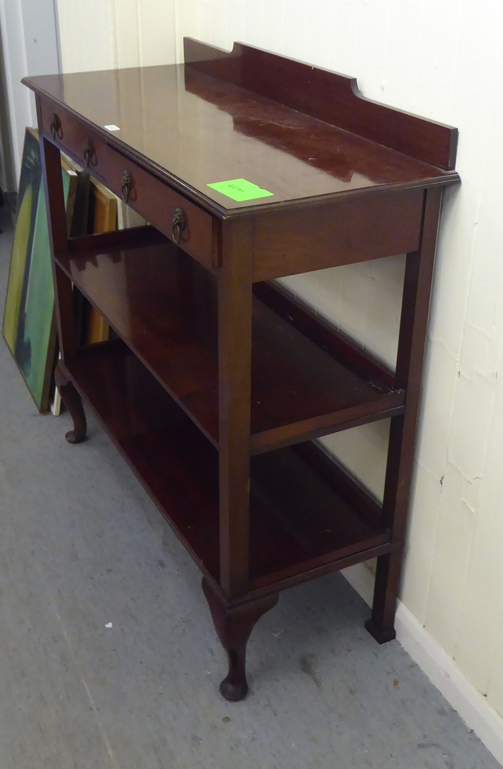 An Edwardian three tier buffet with two drawers, raised on cabriole legs  42"h  46"w - Image 3 of 3