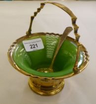 A Mappin & Webb silver sugar basket with a green glass liner and matching spoon  Sheffield 1937