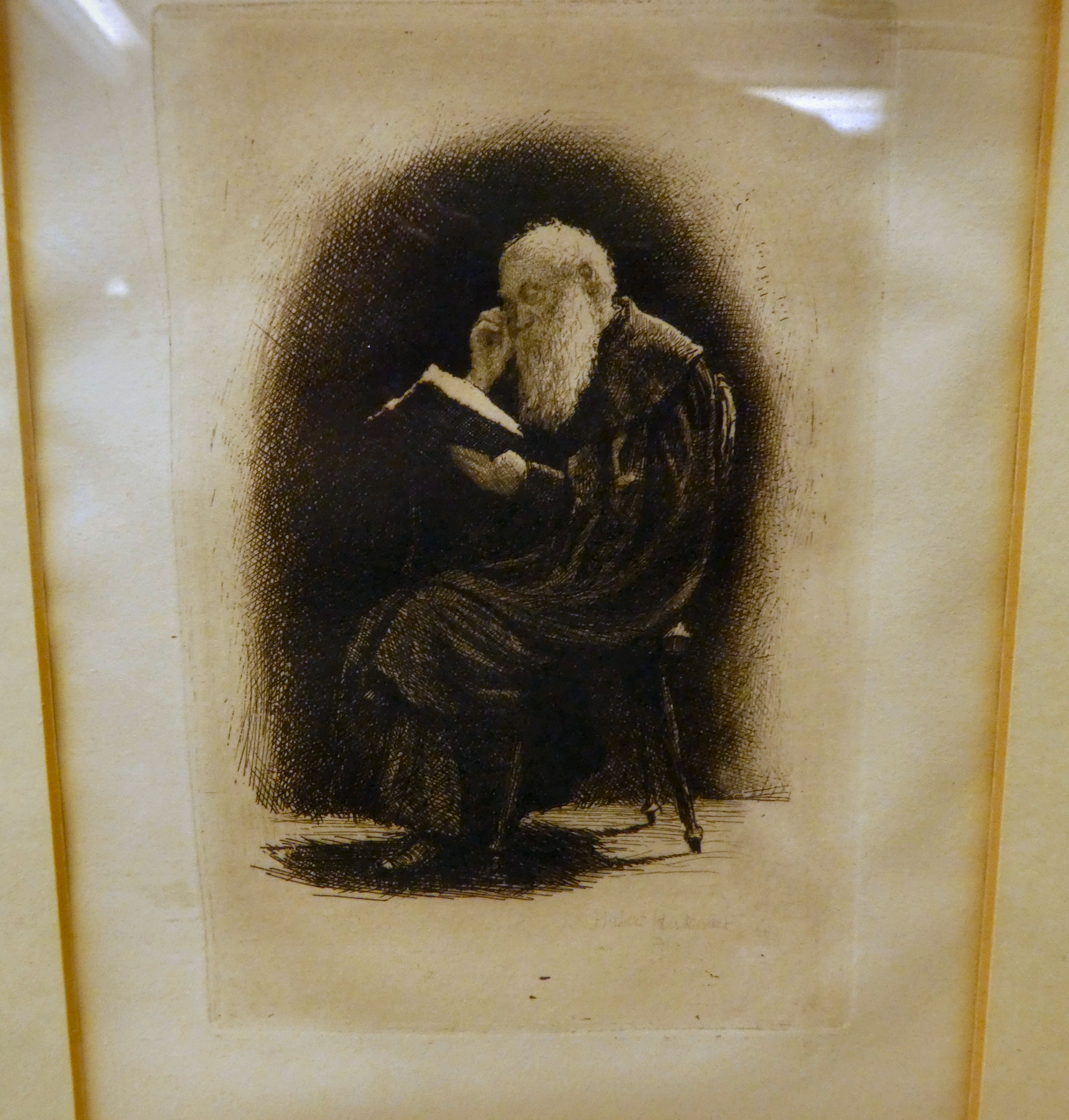 After Hubert Herkomer - a portrait study of an elderly man, seated on a wooden chair  etching  6" - Image 3 of 3