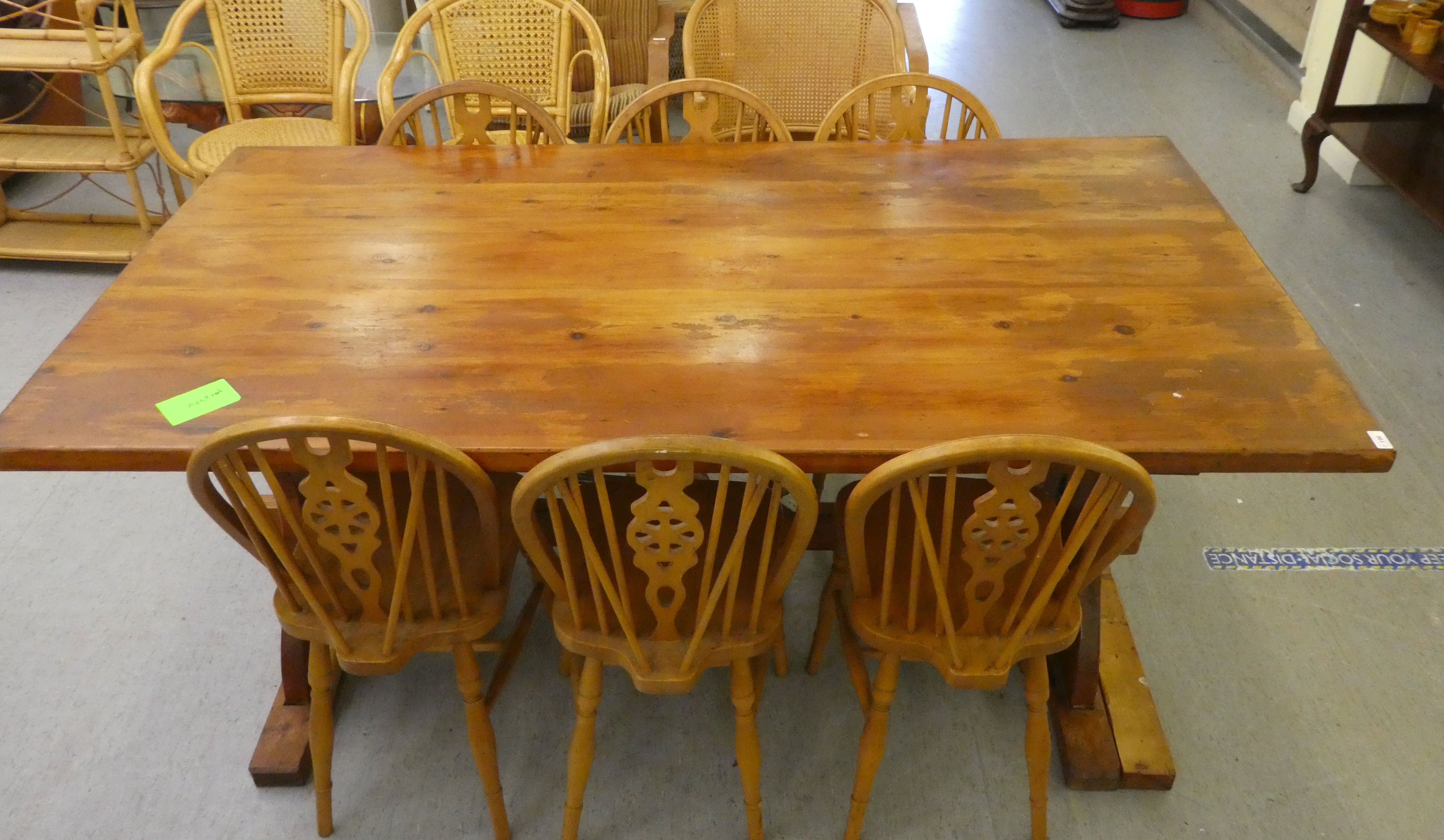 A modern pine refectory design kitchen table, raised on plank ends  30"h  64"L; and a matching set - Image 2 of 6