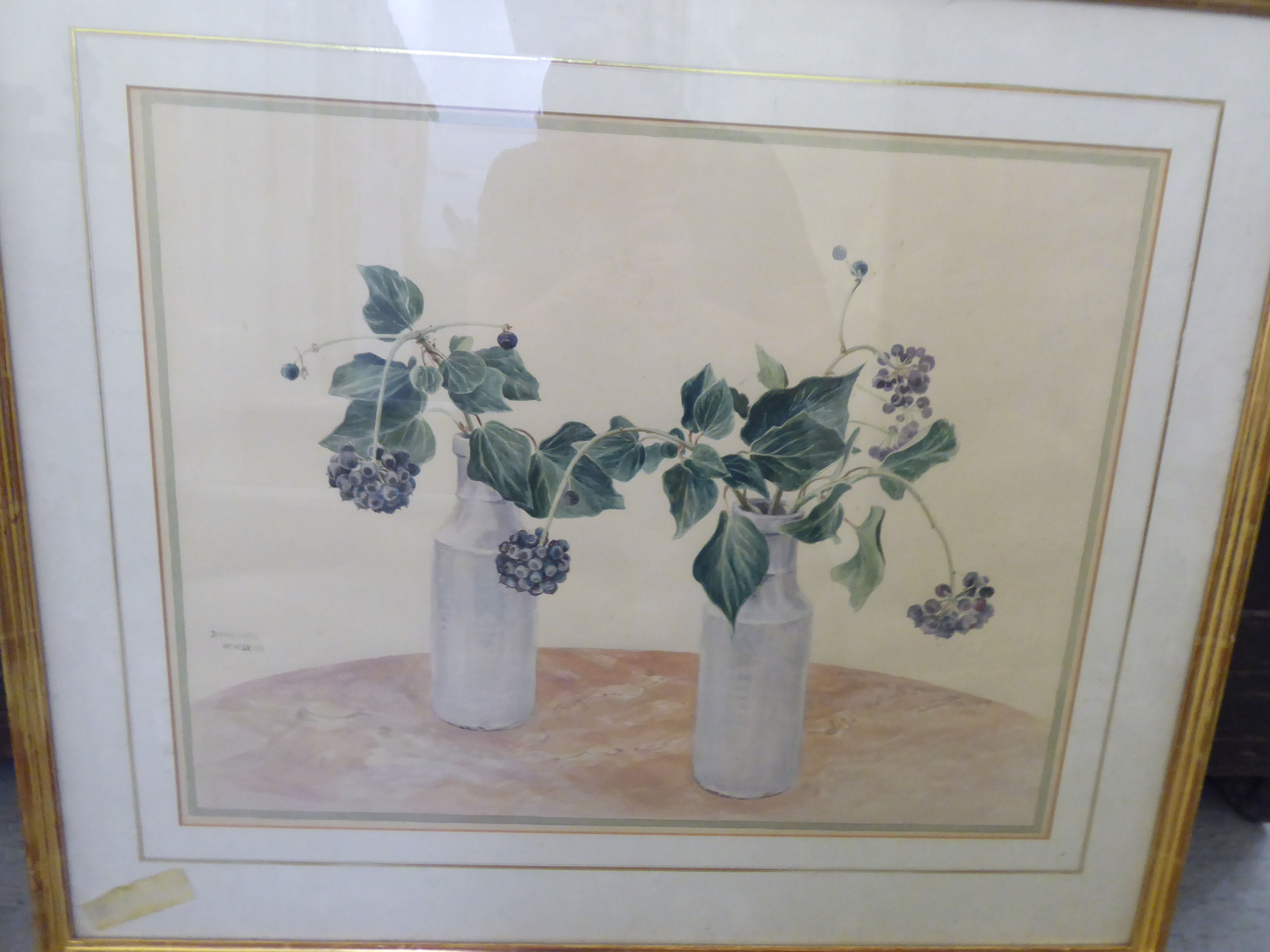 David Hill - a still life study, flowers in two vases on a table  watercolour  bears a signature & - Image 2 of 3