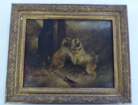 In the manner of George Armfiled - two dogs playing in a barn  oil on panel  8" x 10"  framed