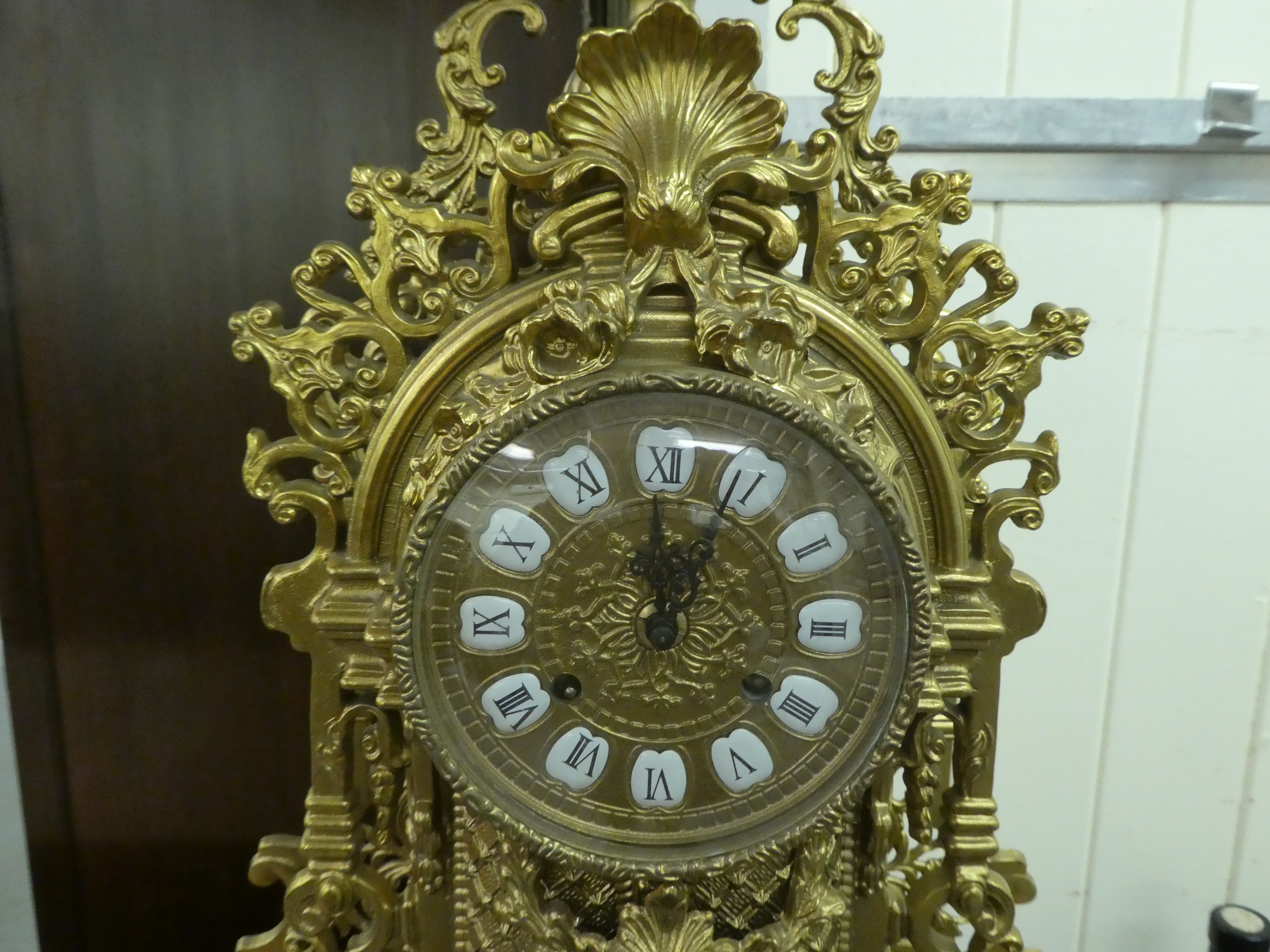 A modern Victorian design, gilt metal cased mantel clock of ornate architectural design, faced by - Image 3 of 5