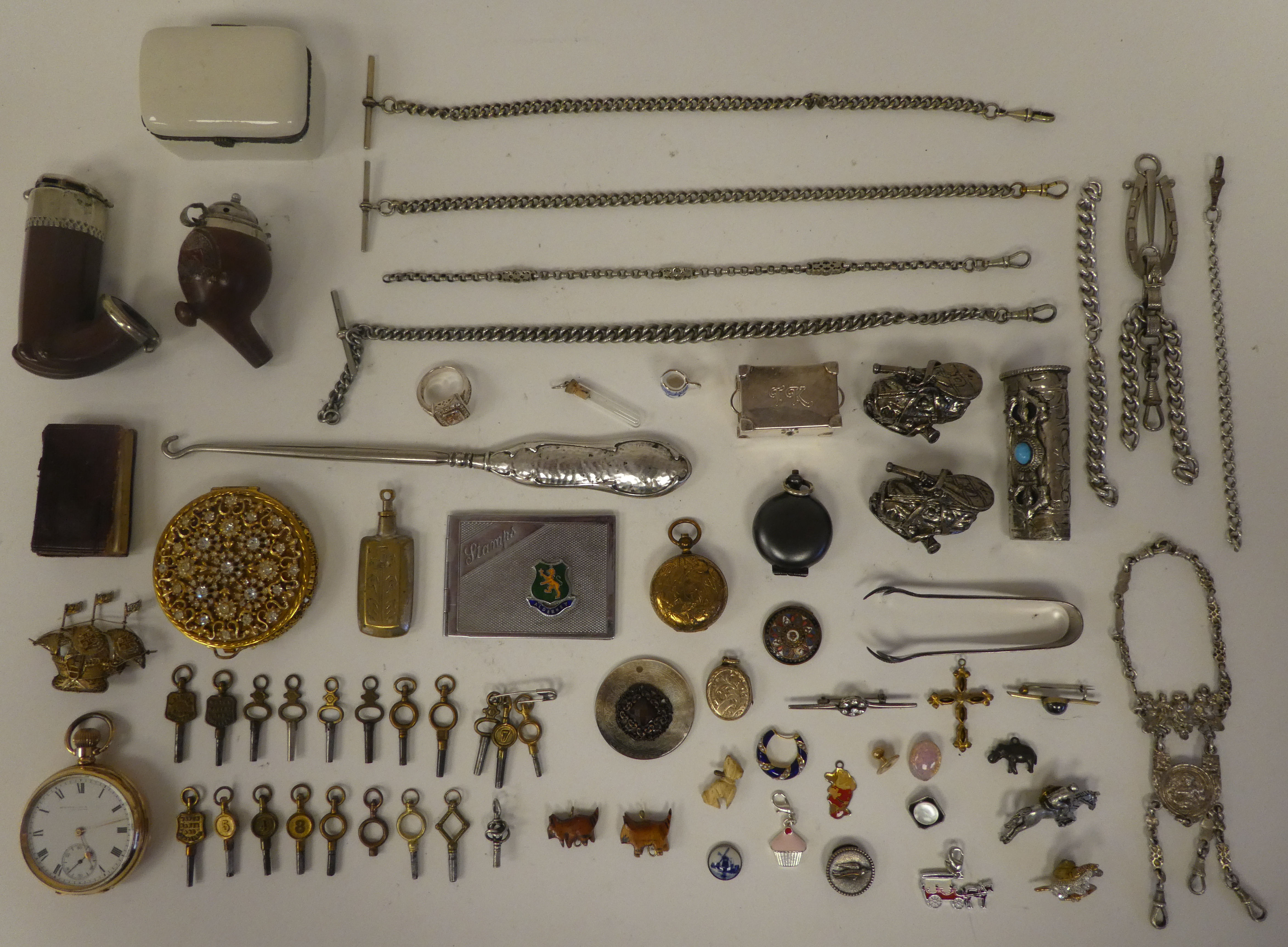 A mixed lot: to include a gold plated cased pocket watch, faced by a white enamel Roman dial;