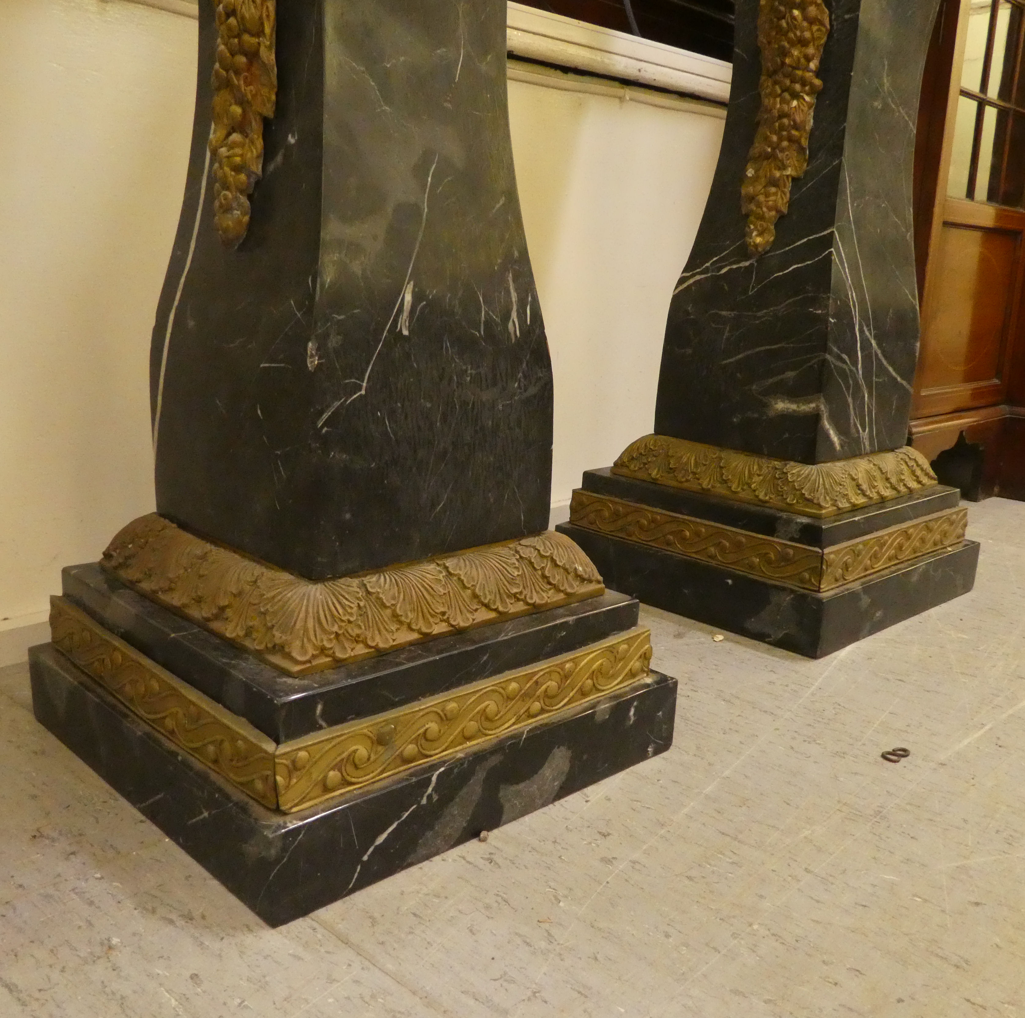 A pair of 19thC Continentally inspired, modular, marble pedestals of square, tapered form with - Image 10 of 10