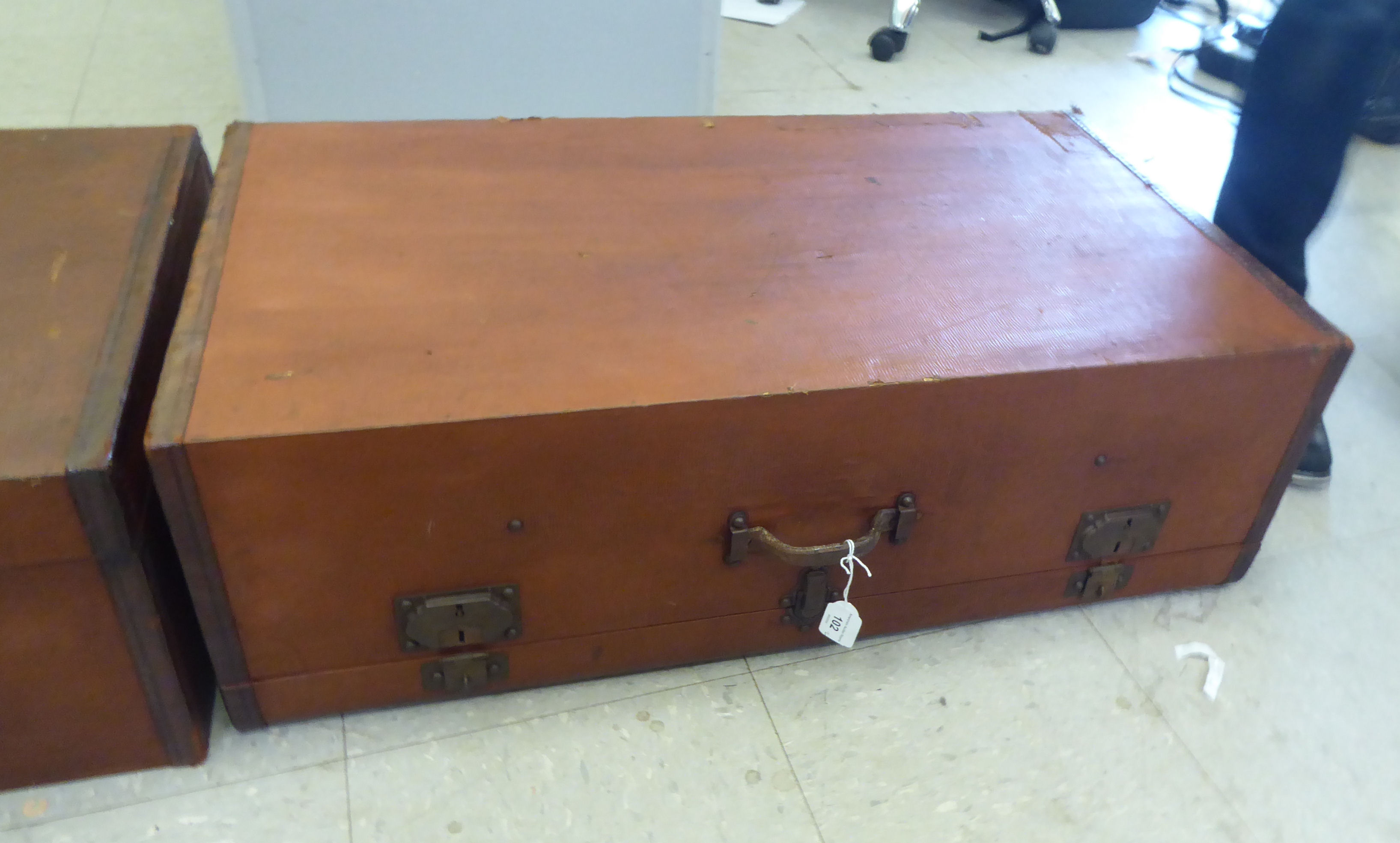 Two vintage hide bound and brown faux hide finished automobile trunks and iron fittings  each 10" - Image 3 of 4