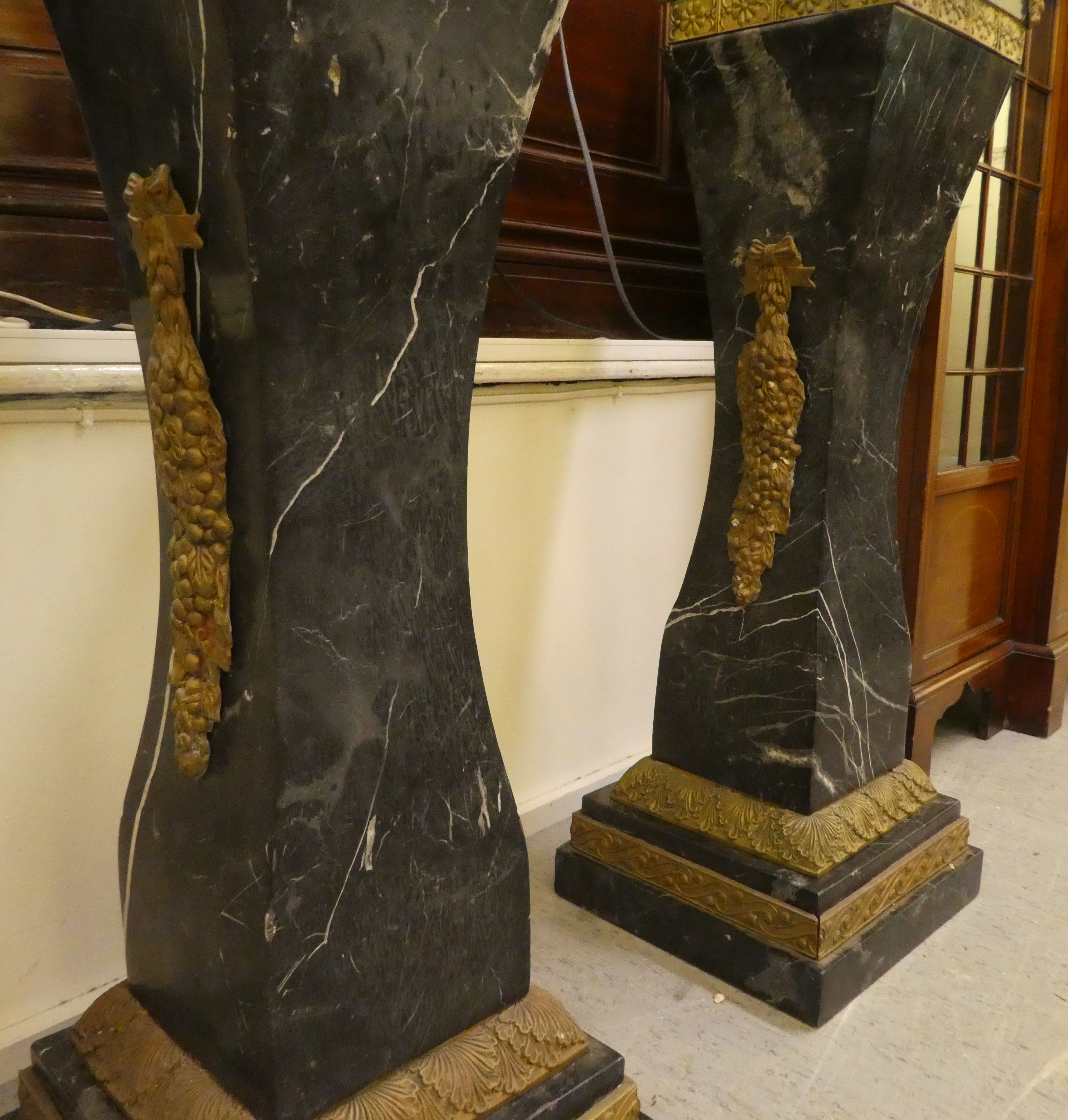 A pair of 19thC Continentally inspired, modular, marble pedestals of square, tapered form with - Image 9 of 10