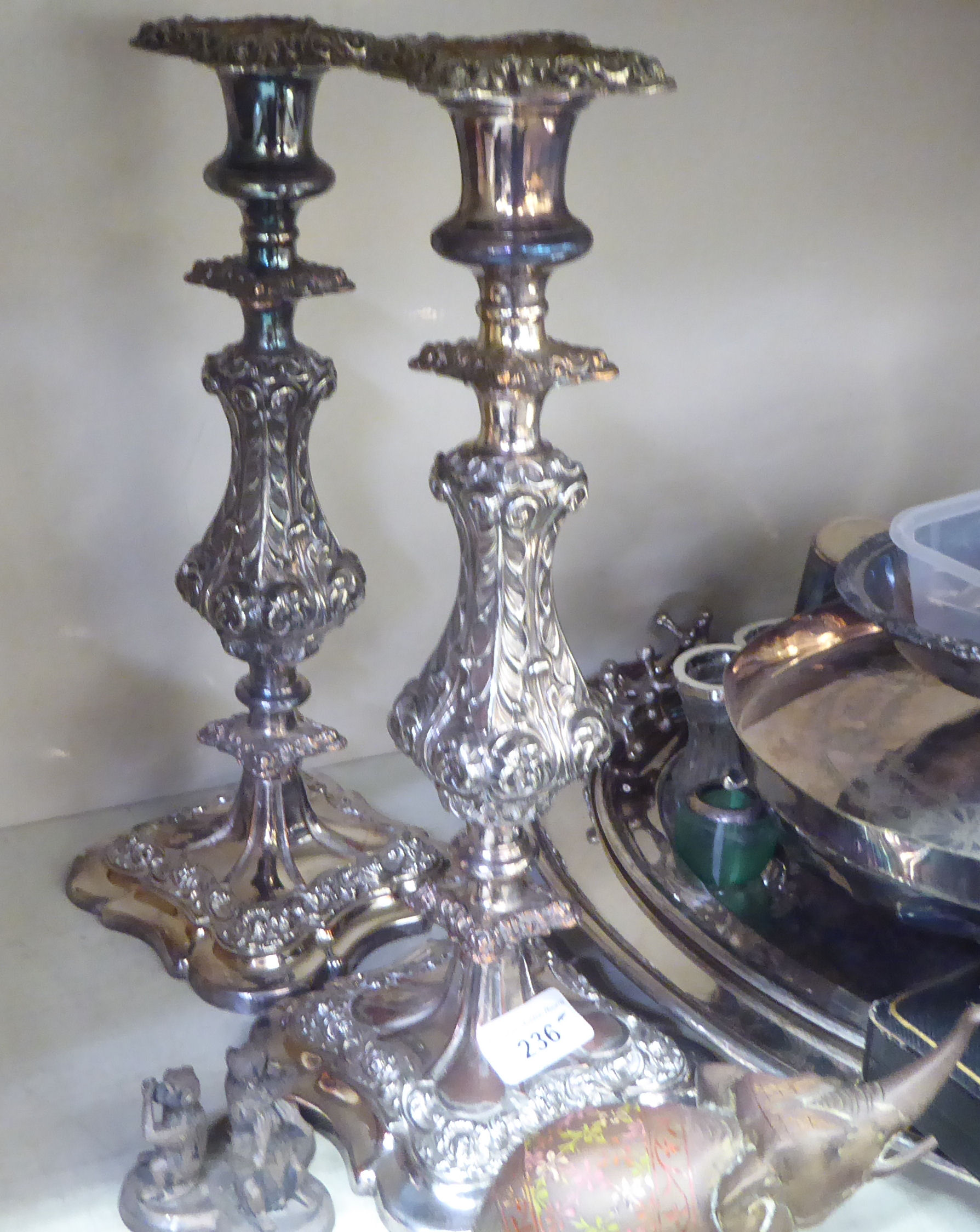 Metalware: to include a pair of silver plated candlesticks, embossed with swags  8"h - Image 4 of 9