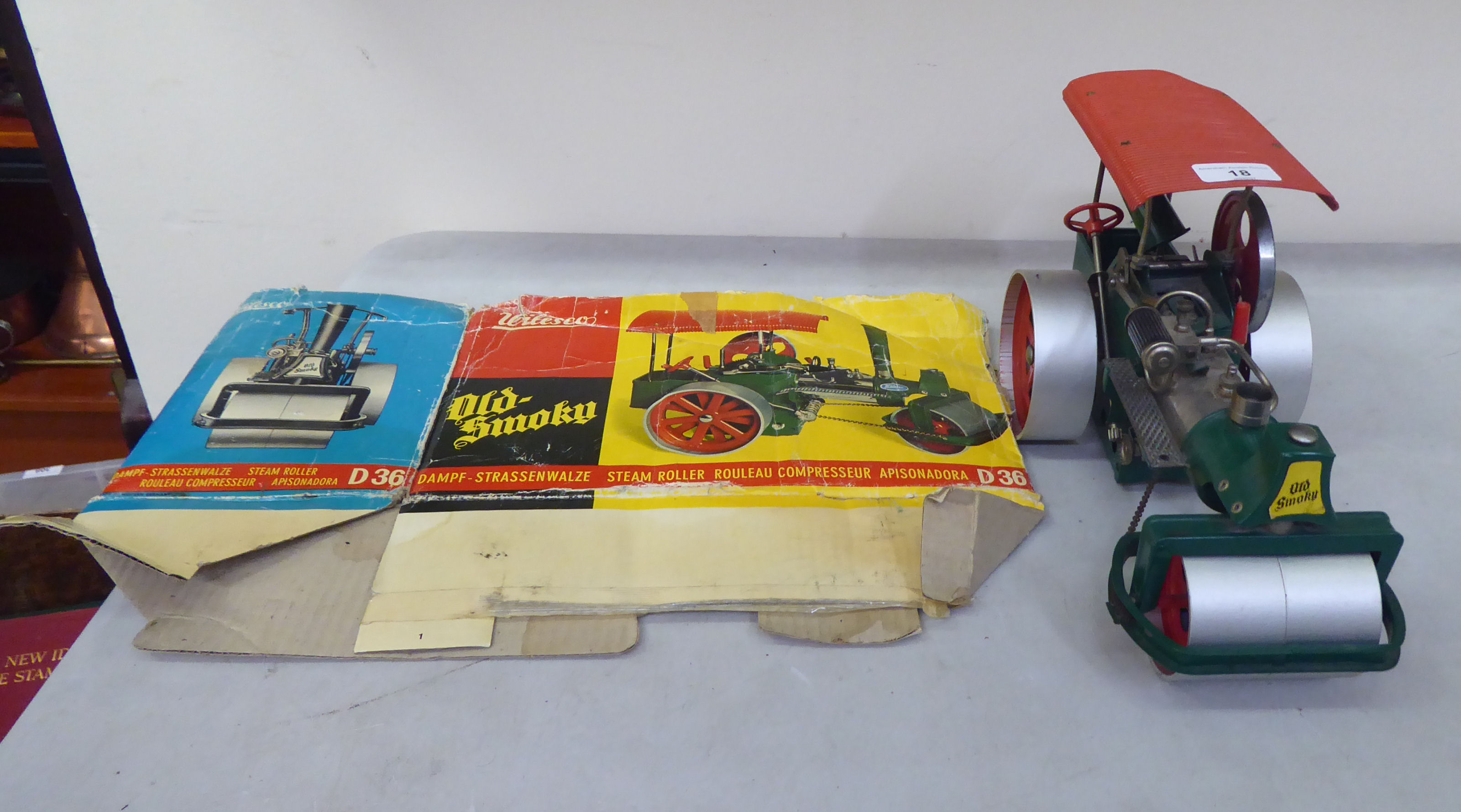 A vintage Wilesco 'Old Smoky' model steam roller  (box present but flat packed  A/F)