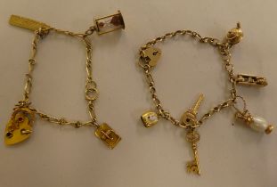 Two 9ct gold, gold coloured and other metal charms, on bracelets, one with a padlock clasp
