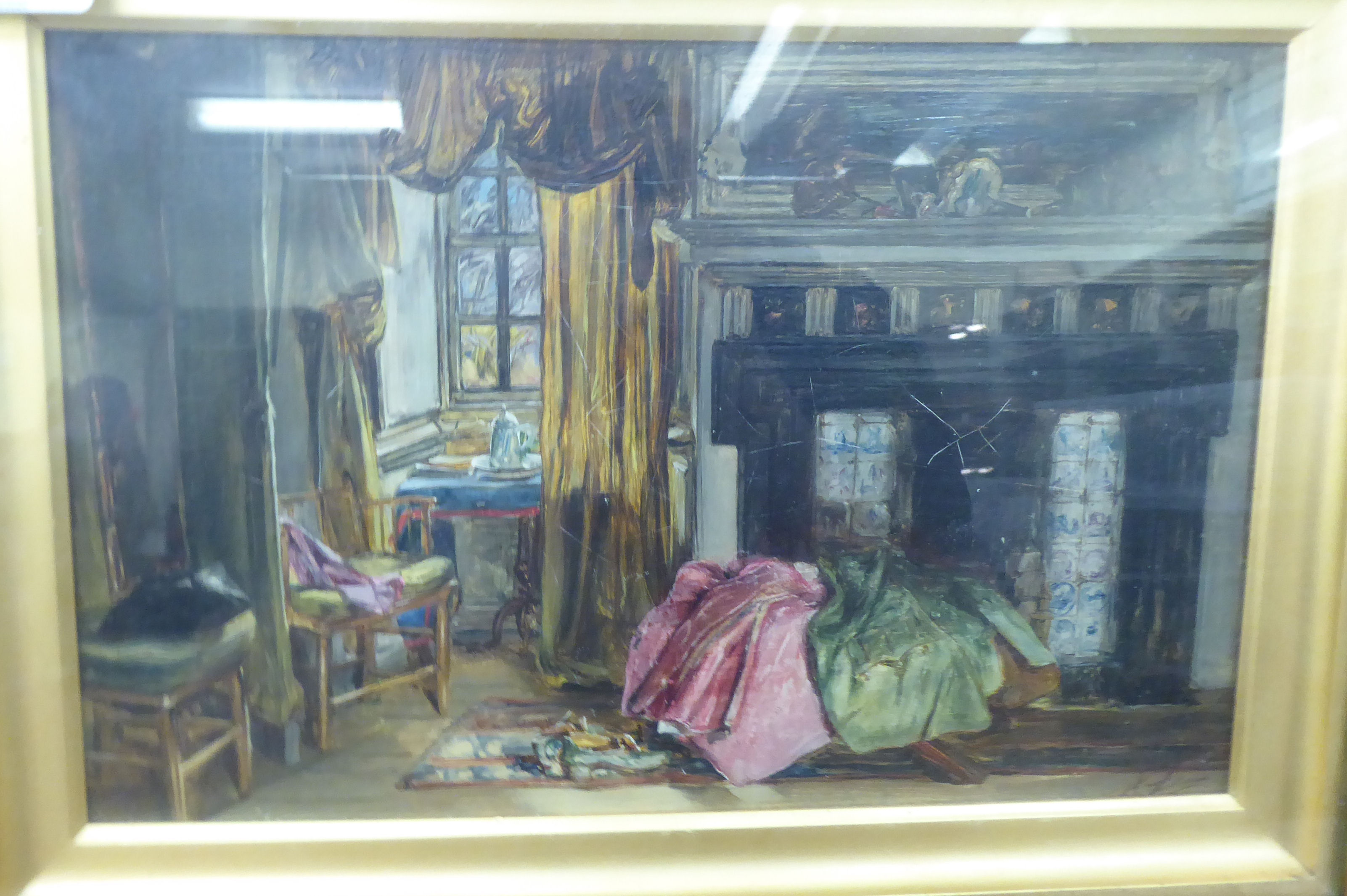 Late 19thC interior study - an open fireplace  oil on board  7" x 11"  framed - Image 2 of 4