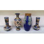 Four mainly early 20thC Royal Doulton Lambeth vases  all approx. 10"h