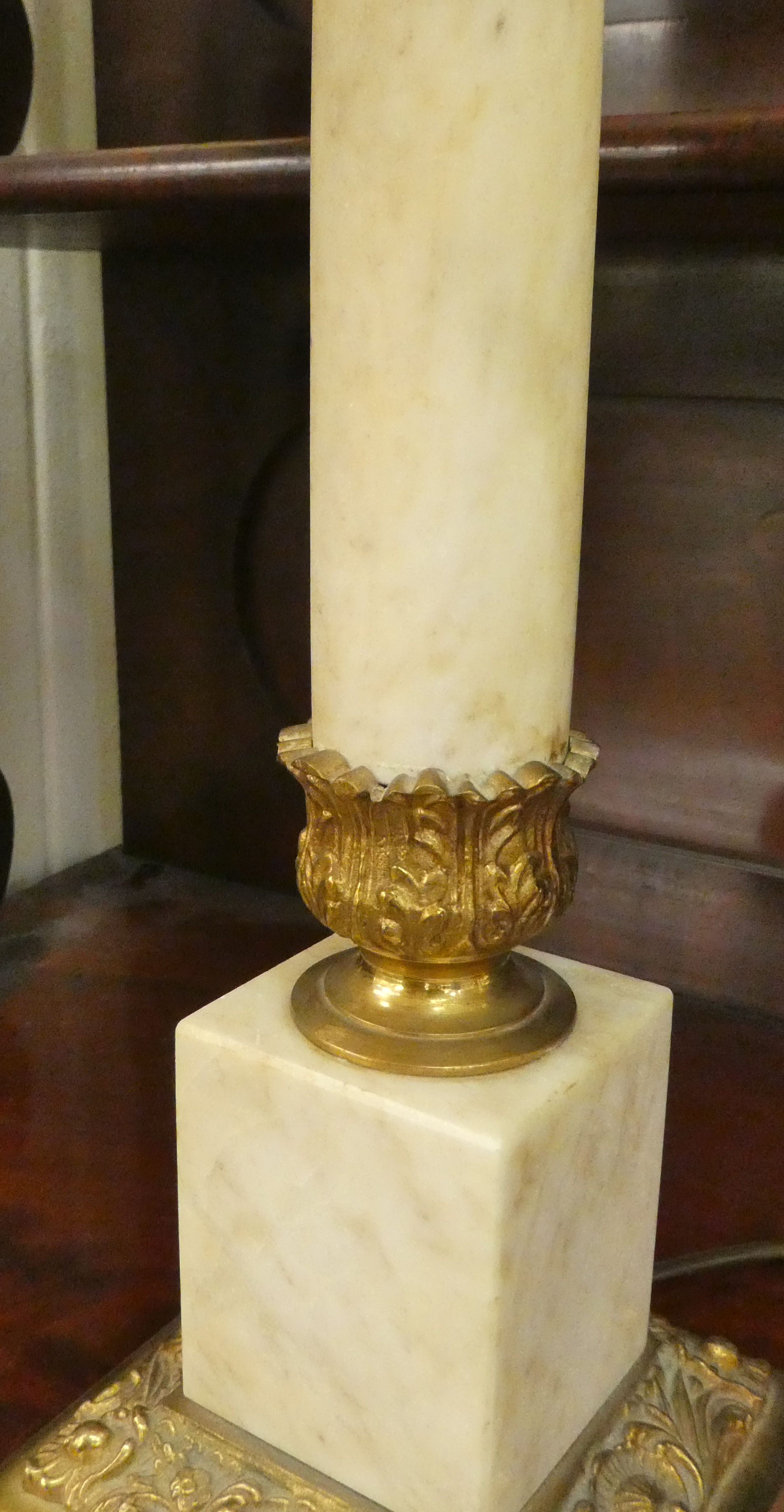 A pair of gilt metal and onyx table lamps with Corinthian columns, on a plinth  18"h - Image 3 of 4