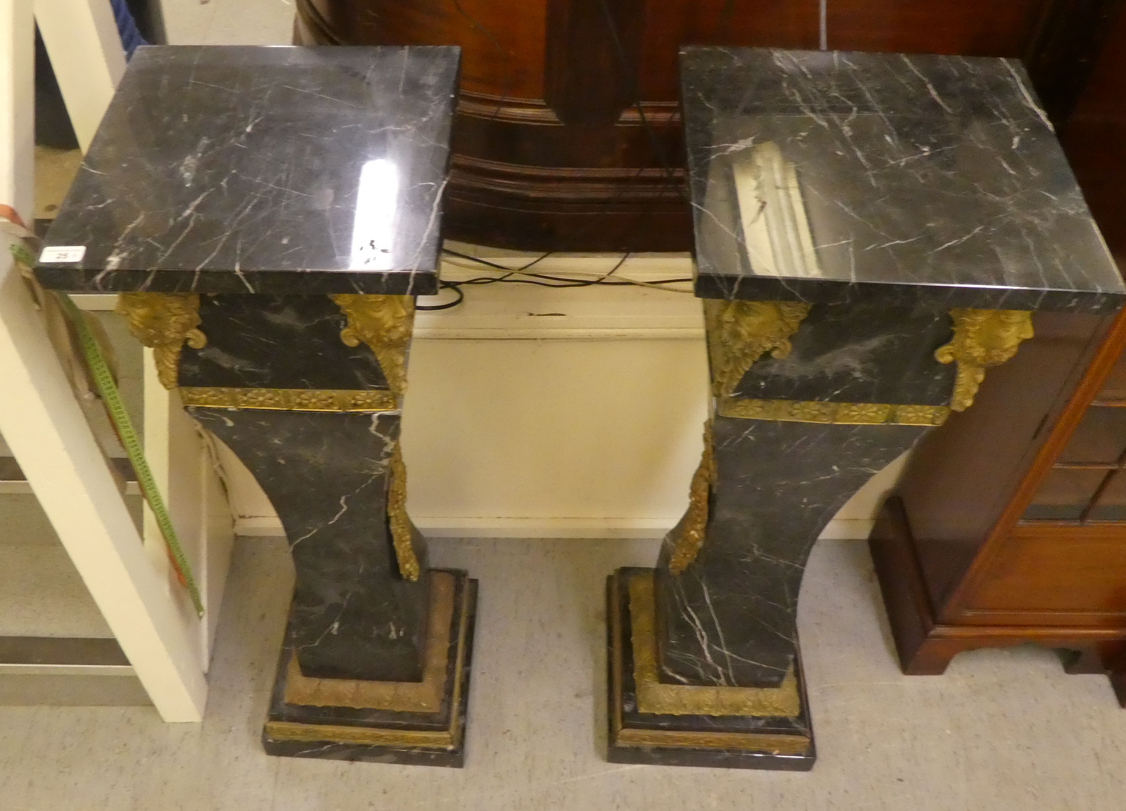 A pair of 19thC Continentally inspired, modular, marble pedestals of square, tapered form with - Image 2 of 10