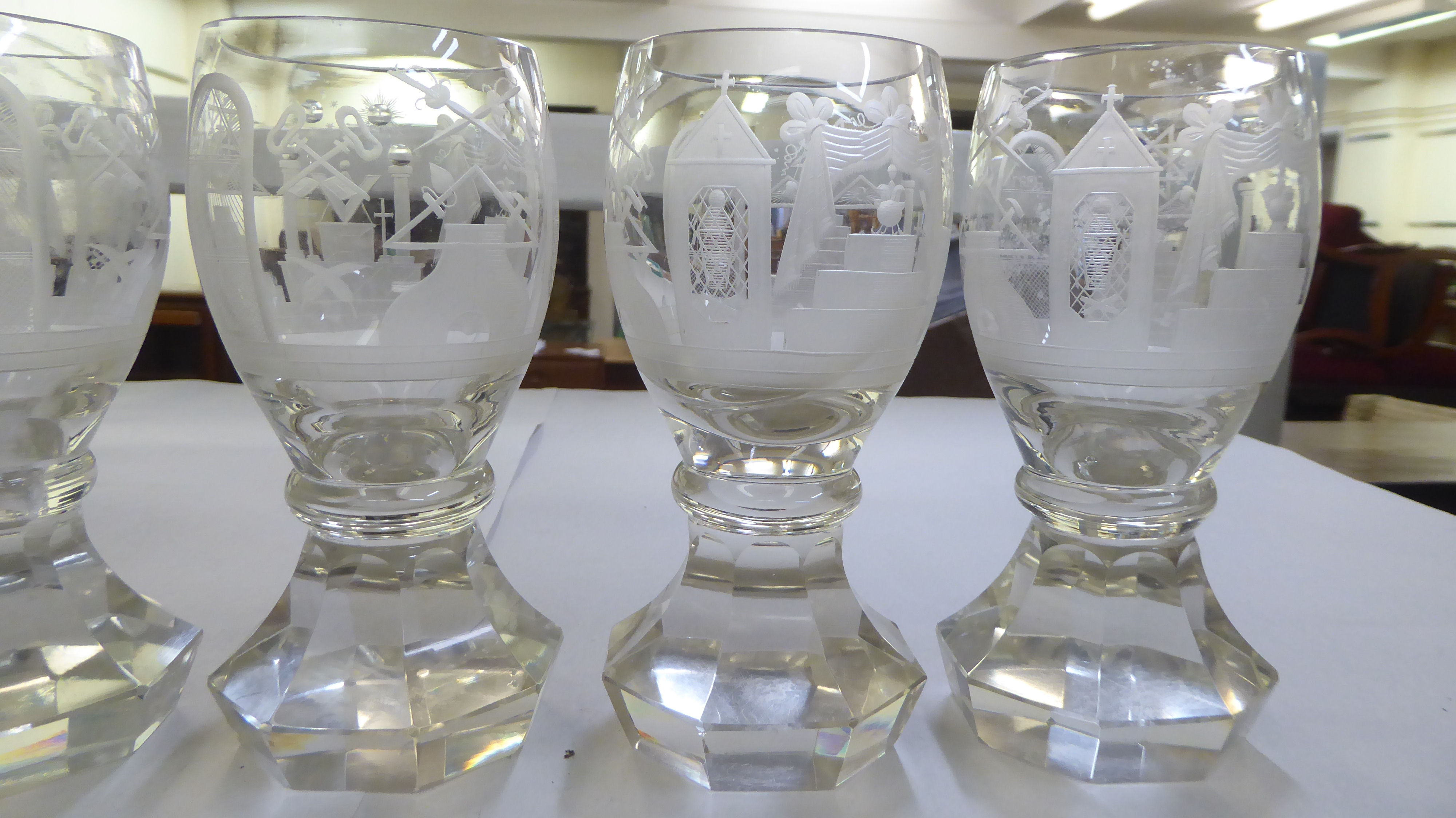 A set of six clear glass tumblers engraved with Masonic motifs and emblems  6"h - Image 3 of 3
