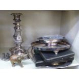 Metalware: to include a pair of silver plated candlesticks, embossed with swags  8"h