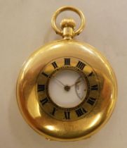 An early 20thC 18ct gold cased half hunter pocket watch, the movement faced by an enamelled Roman