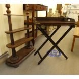 Small furniture: to include a William IV mahogany, three tier what-not, raised on bun feet  40"h