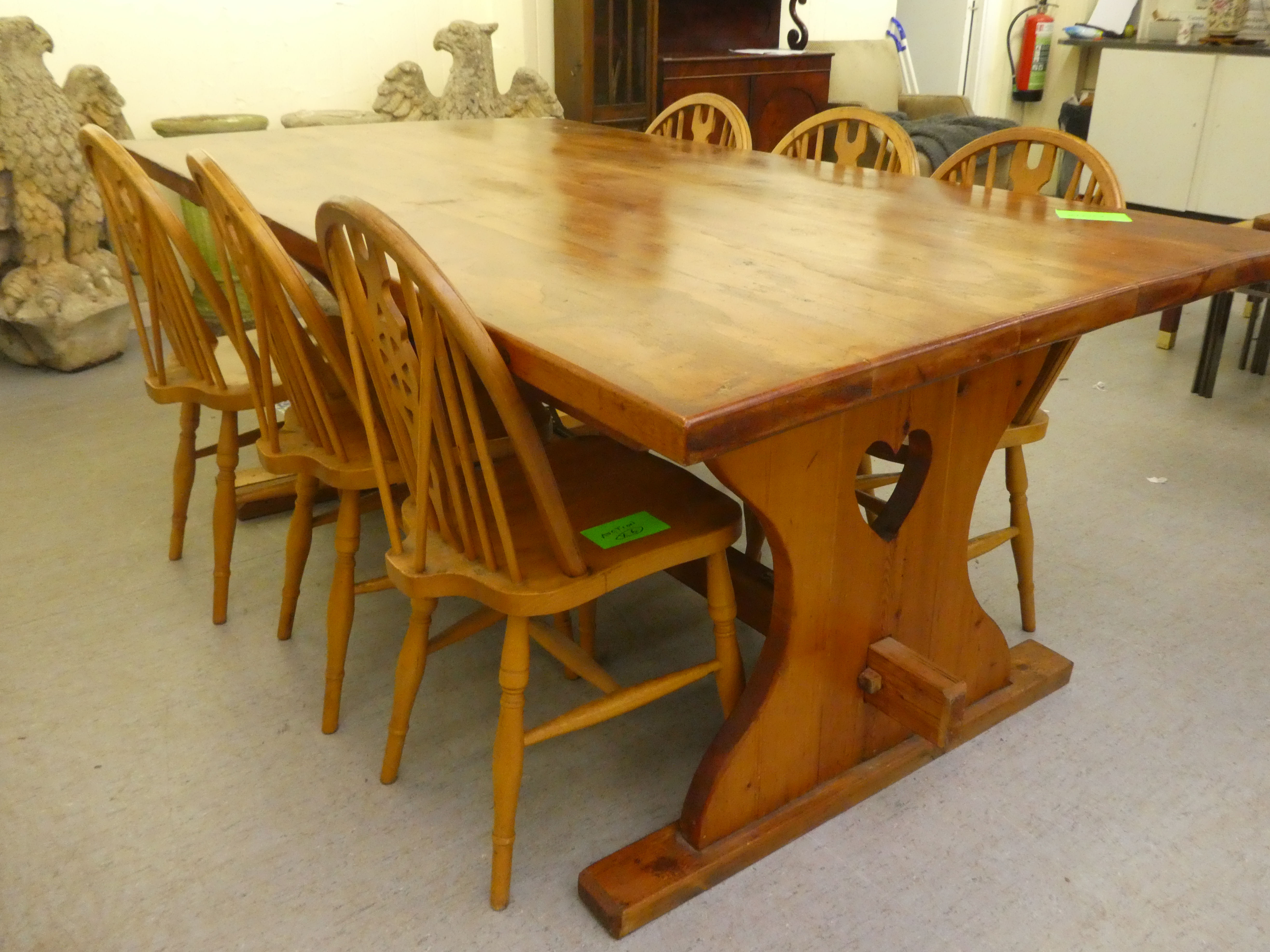 A modern pine refectory design kitchen table, raised on plank ends  30"h  64"L; and a matching set - Image 4 of 6