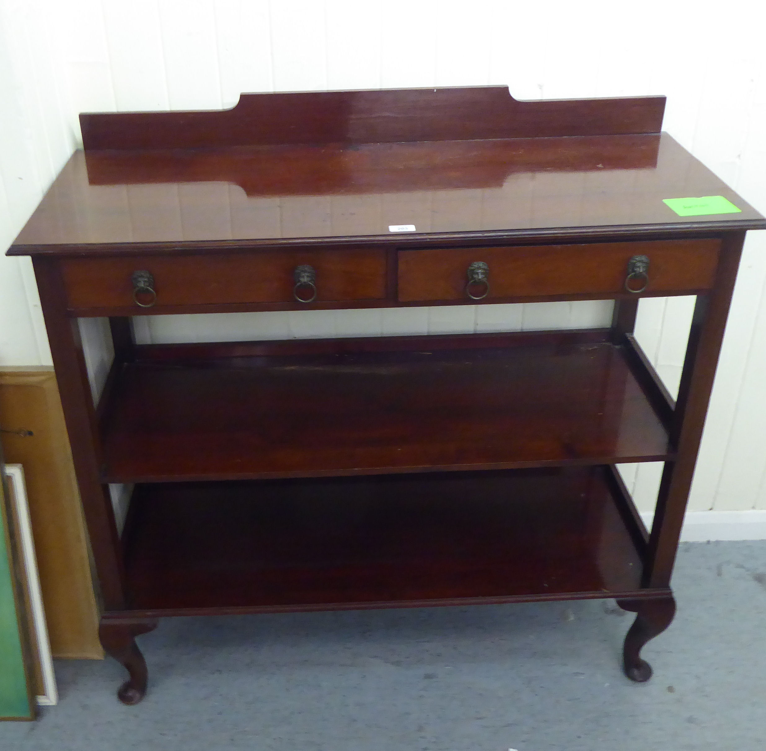 An Edwardian three tier buffet with two drawers, raised on cabriole legs  42"h  46"w - Image 2 of 3
