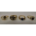 Four variously designed, 9ct gold rings: to include one set with a single pearl