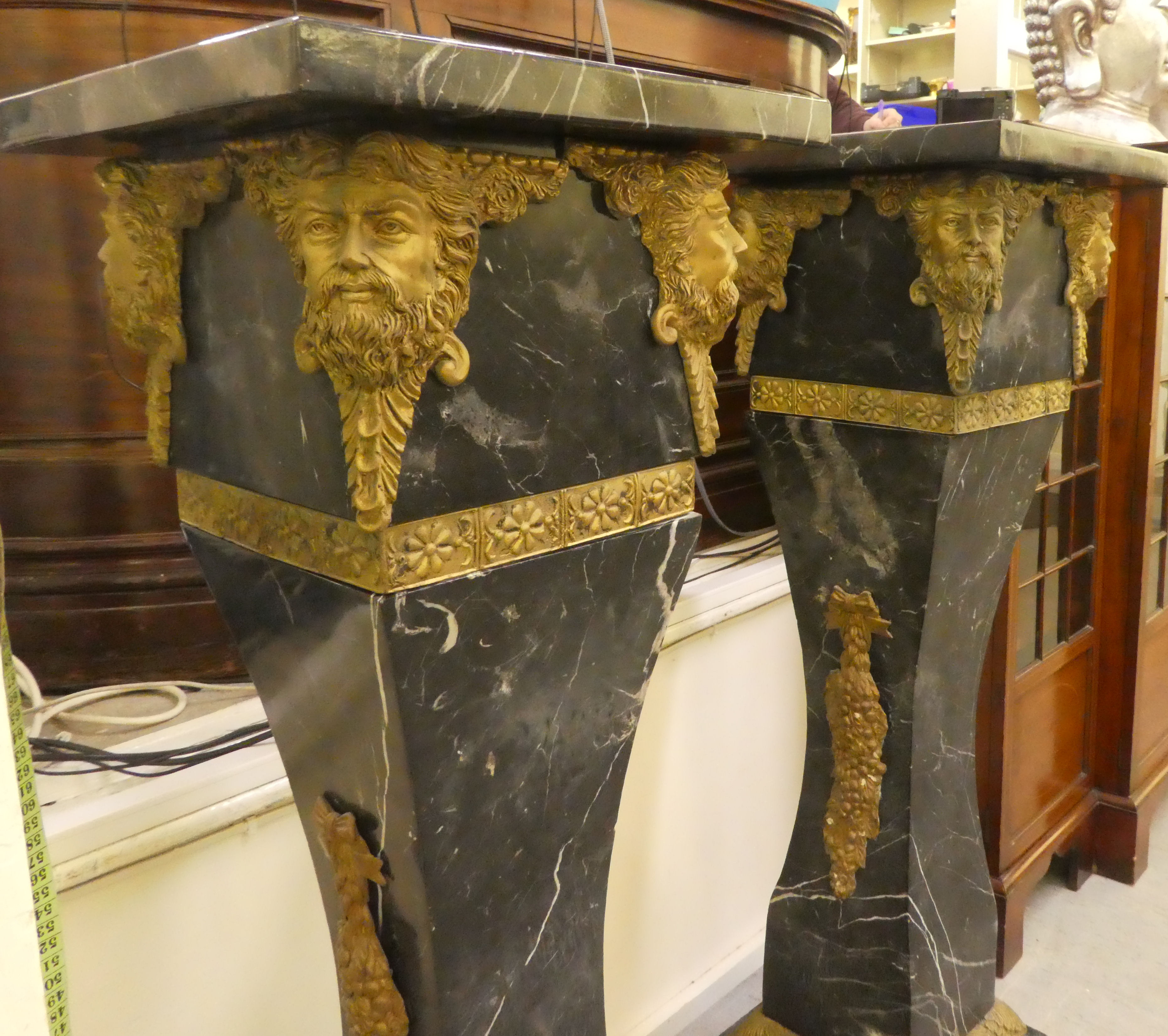 A pair of 19thC Continentally inspired, modular, marble pedestals of square, tapered form with - Image 8 of 10