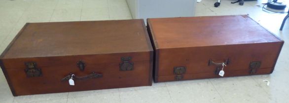 Two vintage hide bound and brown faux hide finished automobile trunks and iron fittings  each 10"