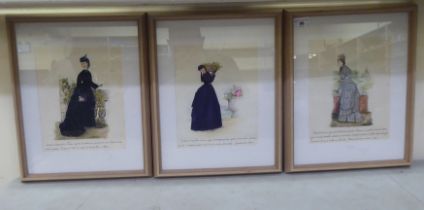 A set of late 19thC French coloured fashion prints  10" x 7.5"  framed