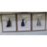 A set of late 19thC French coloured fashion prints  10" x 7.5"  framed