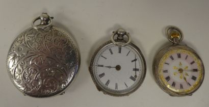 Two ladies silver cased fob watches (A/F); and a silver disc shape powder compact with bright-cut