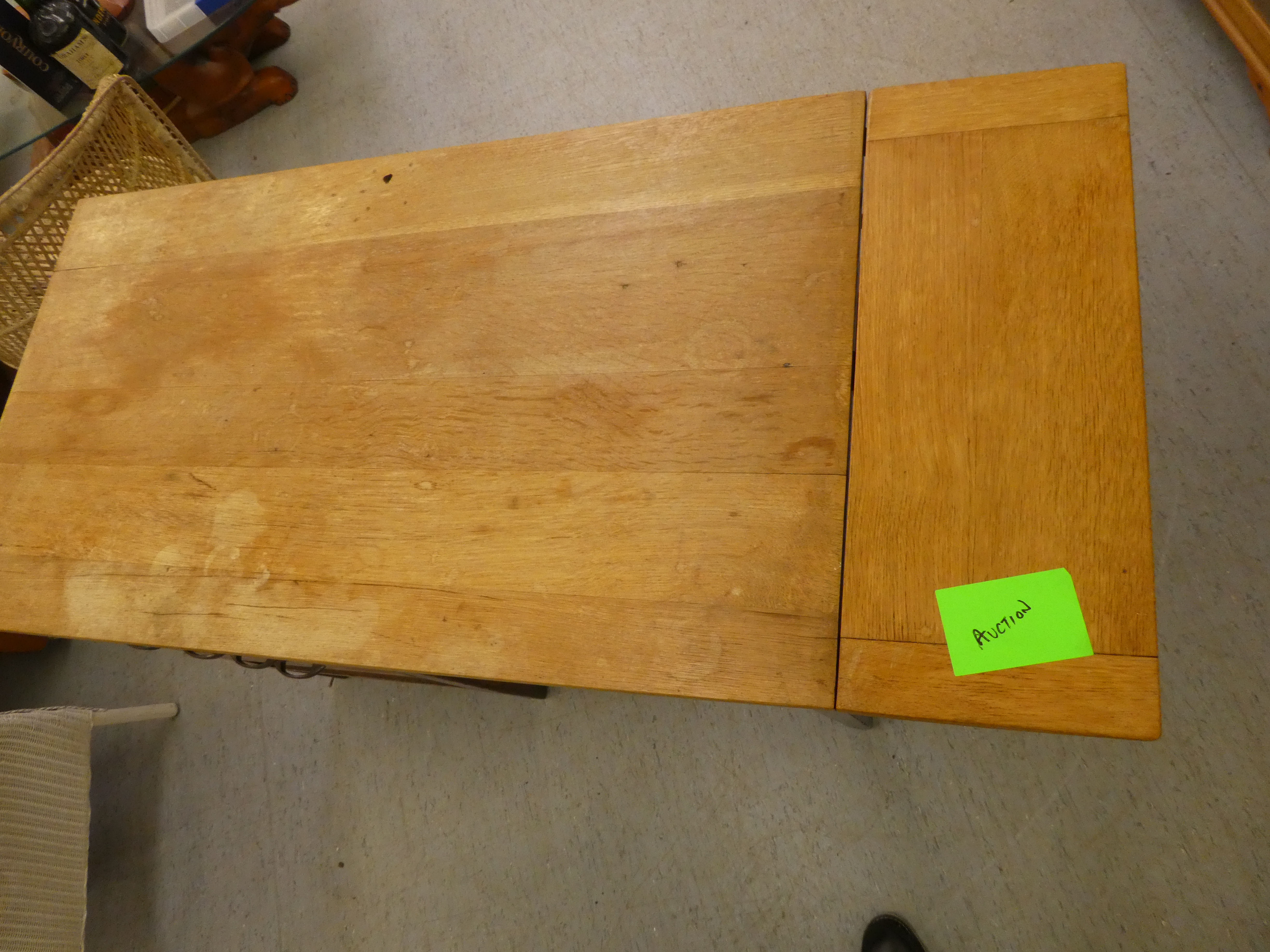 A modern oak single pedestal desk with four drawers, raised on block legs  29"h  42"w - Image 4 of 5