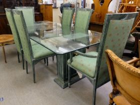 A modern green painted, twin pedestal dining table with a glass top  30"h  84"L; and a matching