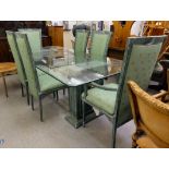 A modern green painted, twin pedestal dining table with a glass top  30"h  84"L; and a matching