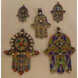 Five Hamsa white metal and multi-coloured enamel pendants