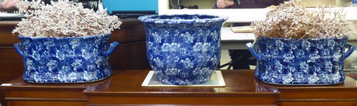 Two Victorian style china footbath design planters in blue and white  18"w; and another 16"dia