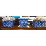 Two Victorian style china footbath design planters in blue and white  18"w; and another 16"dia