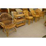 1960s light coloured bamboo and woven split cane conservatory furniture, viz. a pair of open arm,