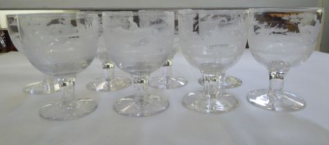 A set of eight pedestal wine glasses, engraved with hunting scenes  5"h