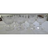 A set of eight pedestal wine glasses, engraved with hunting scenes  5"h