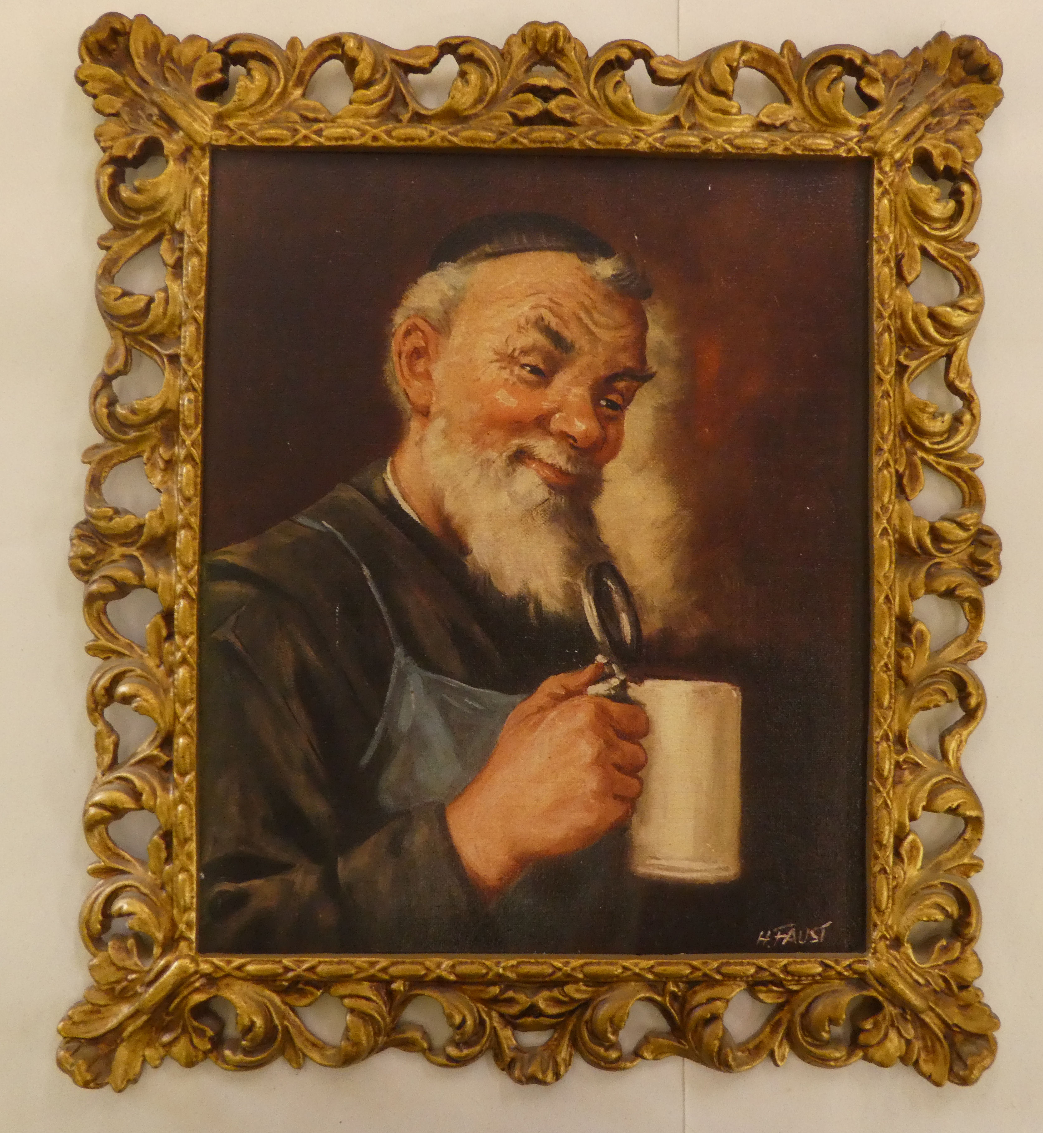 H Faust - a study of a man holding a beer stein  oil on board  bears a signature  11.5" x 9.5"