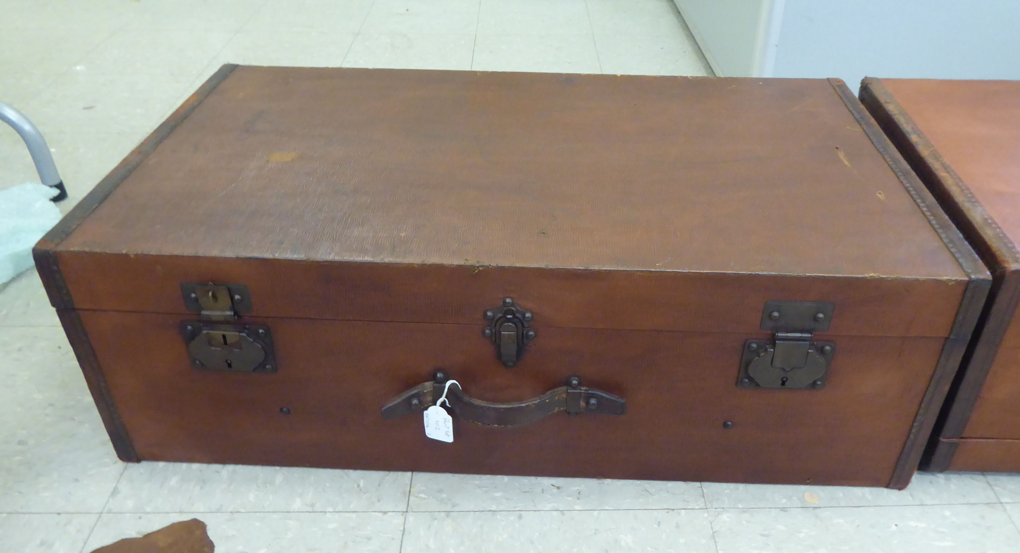 Two vintage hide bound and brown faux hide finished automobile trunks and iron fittings  each 10" - Image 2 of 4