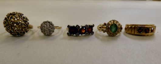 Five 9ct gold rings, variously set with coloured stones