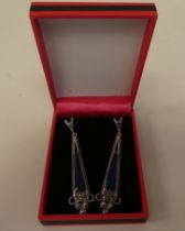 A pair of Art Deco style, silver coloured metal marcasite and lapis lazuli set pendant earrings