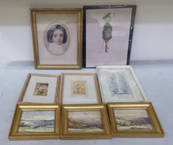 Assorted framed pictures: to include a First War Regimental cartoon  13" x 8"