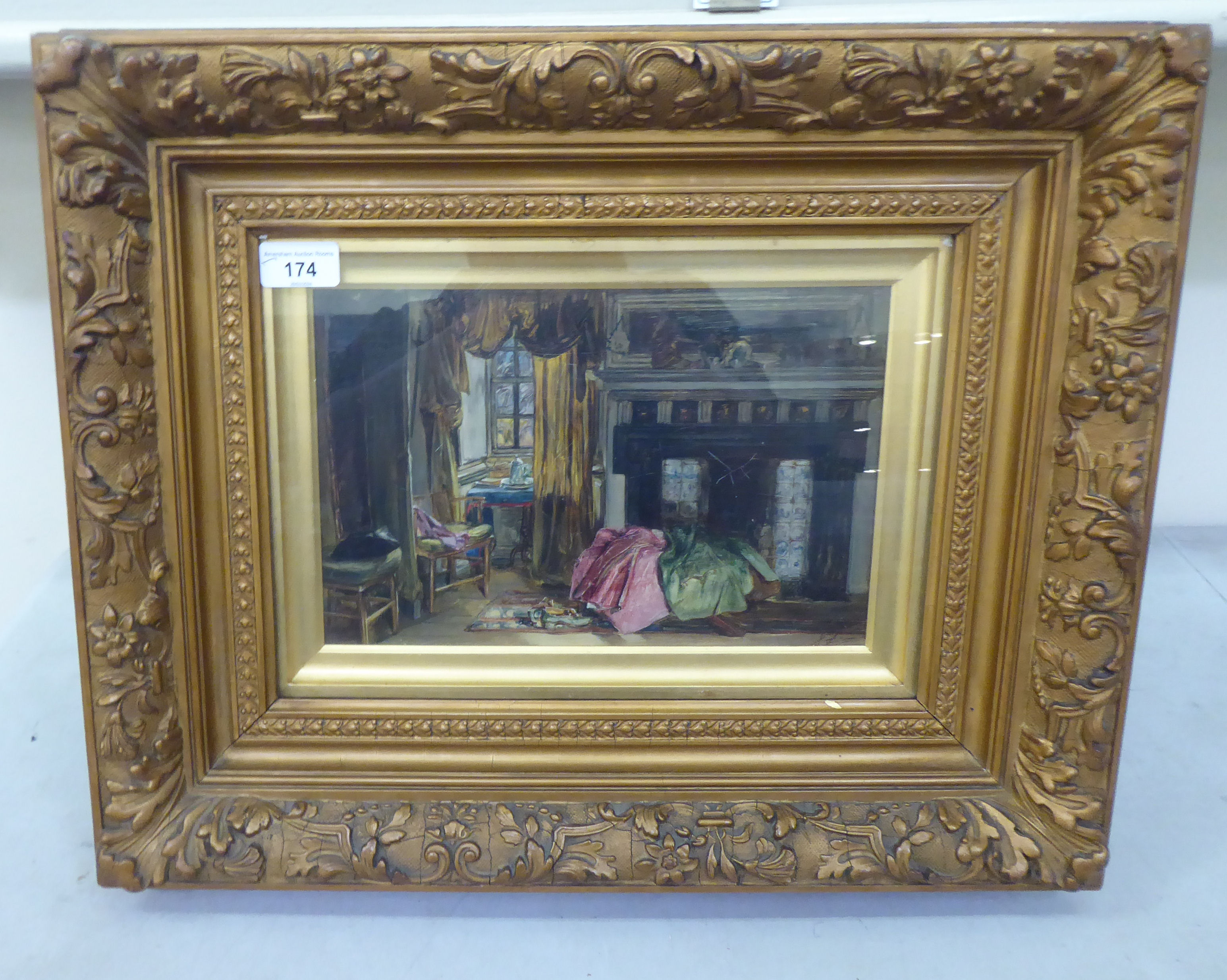 Late 19thC interior study - an open fireplace  oil on board  7" x 11"  framed