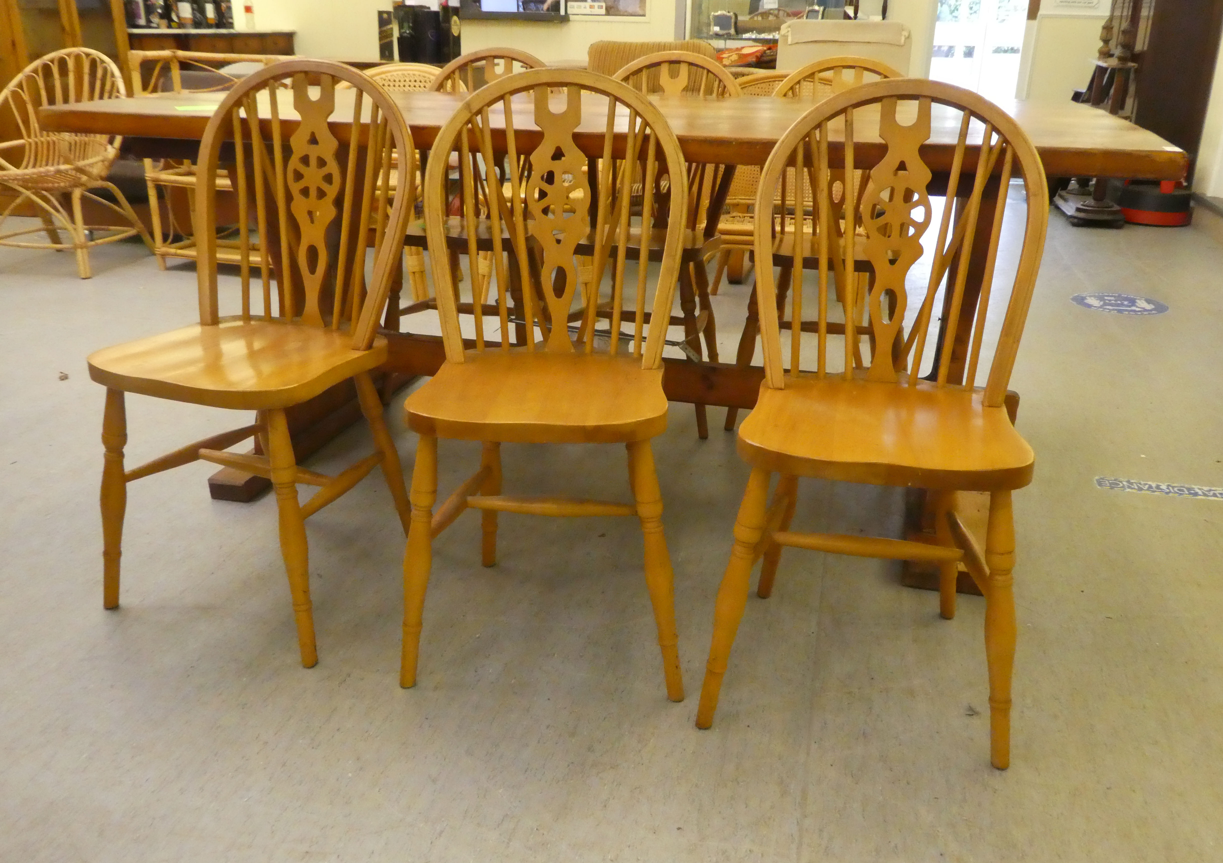 A modern pine refectory design kitchen table, raised on plank ends  30"h  64"L; and a matching set - Image 5 of 6