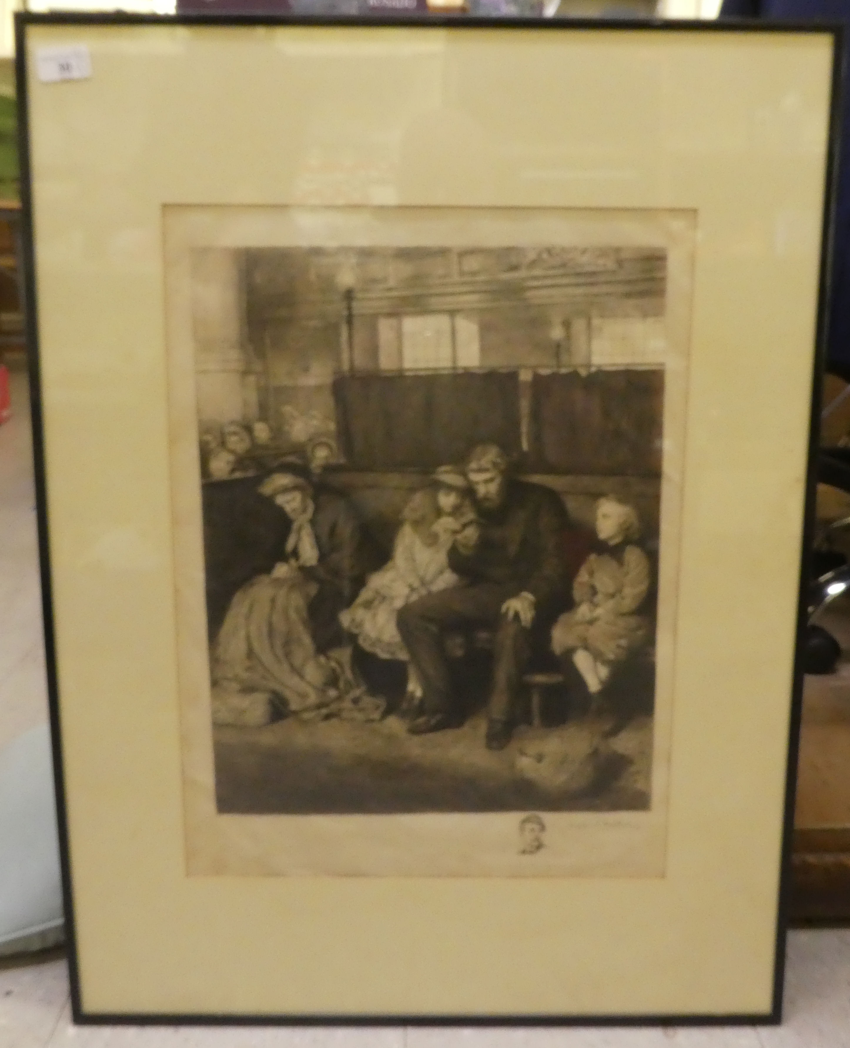After Hubert Herkomer - a family gathering in a chapel  etching  bears a pencil signature  18" x 14"