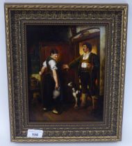 K Fiake - a Bavarian interior scene with two figures and a dog  oil on board  bears a signature